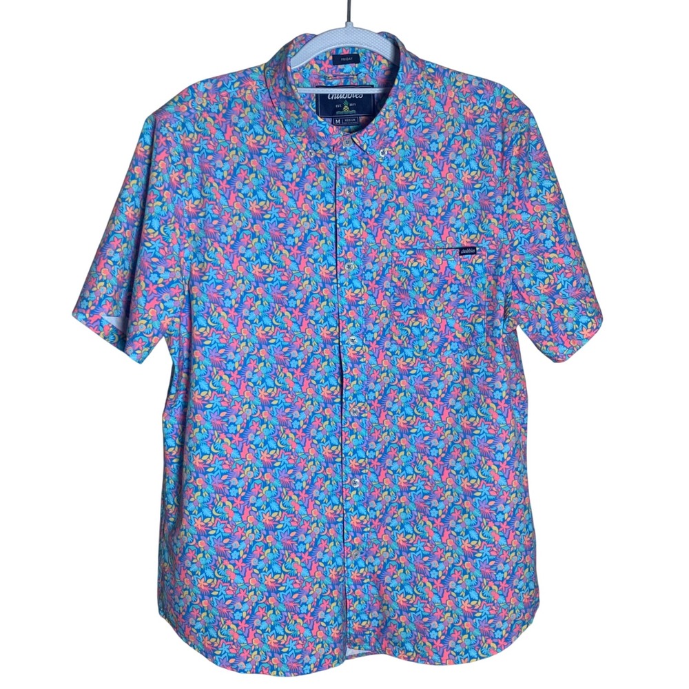 Chubbies Floral Button Down Mens Medium Blue Pink Excellent Short Sleeve Stretch